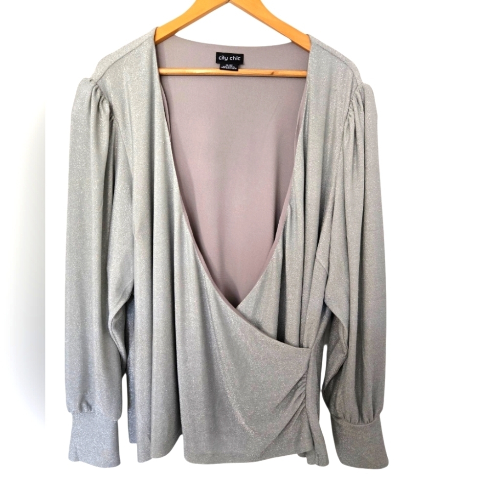 NWT City Chic Silver Long Sleeve Wrap Blouse Size XL 22